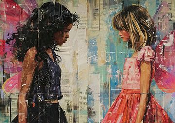 Modern Meisjesportret | Twee Meisjes Vleugels van Kunst Kriebels