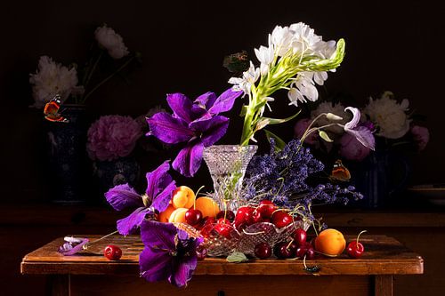 Still life 'With clematis, apricot and red cherries'