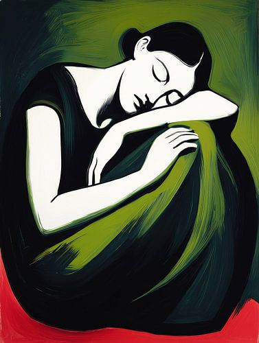 Vrouw in rust | Schilderij in groen en rood