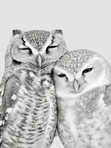 Zwei kuschelnde Eulen – Tierkunst in Schwarzweiß