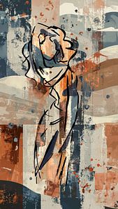 Geste Pose - Frau in rostbraun taupe beige blau terracotta off-white und Erdtönen