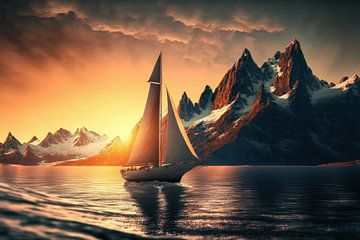 Luxuriöses Segelboot auf dem Meer und in den Bergen. von AVC Photo Studio