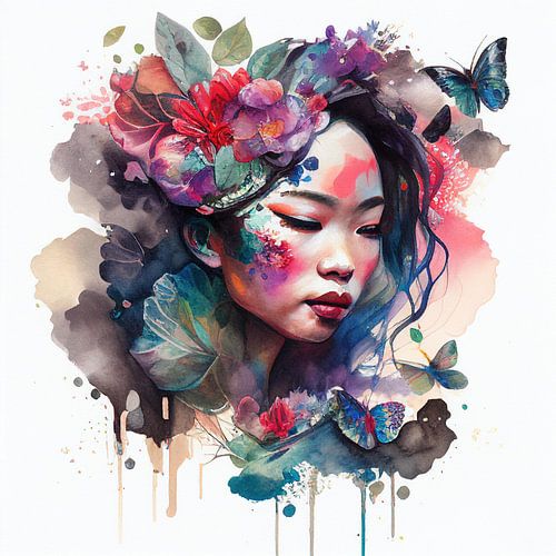 Watercolor Floral Asian Woman #10 by Chromatic Fusion Studio