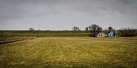 Landschap met dijk, dijkhuizen, grasland en dreigende lucht van Dirk Huckriede thumbnail