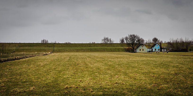 Landschap met dijk, dijkhuizen, grasland en dreigende lucht van Dirk Huckriede