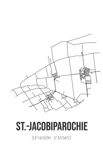St.-Jacobiparochie (Fryslan) | Map | Black and white by Prints of Place