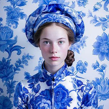 Female portrait Delft Blue girl by Vlindertuin Art