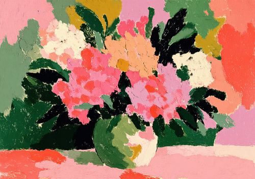 An abstract bouquet of flowers in vibrant shades of pink and green