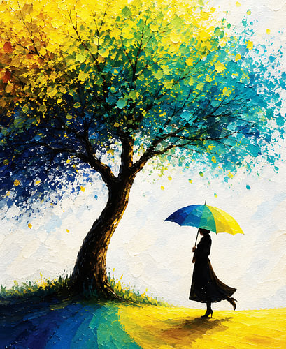 Une femme sous l'arbre arc-en-ciel – Peinture à l'huile texturée