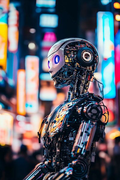 Des robots du futur éclairés au néon par Poster Art Shop