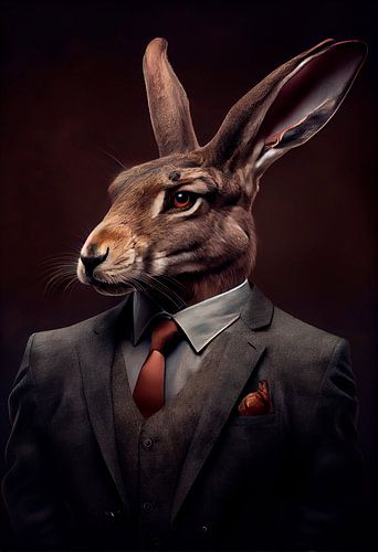 Stately standing portrait of a Hare in a suit