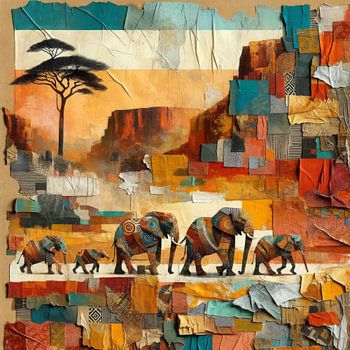 Collage paysage africain avec famille d'éléphants