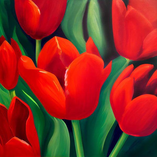 Flowering Beauty, red tulips among green leaves by Color Square