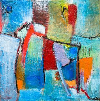 Abstract blauw rood oranje schilderij | moderne expressieve kunst