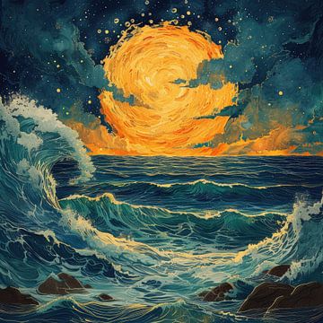 lune vagues mer océan maritime nuit sur Niklas Maximilian
