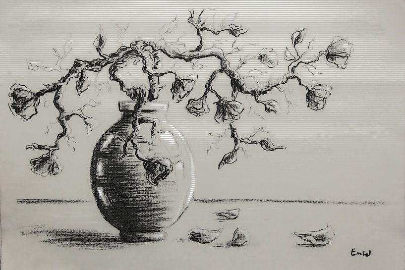 A vase with a whimsical branch with blossoms on it by Emiel de Lange