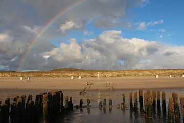 Rainbow in front of wooden groyne near Rantum on the island of Sylt