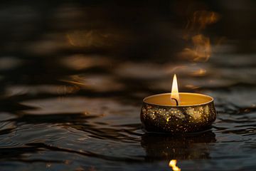 Sfeervolle kaars met gouden details op donker water van Art & Soul Creations