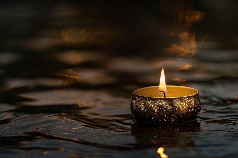 Atmospheric candle with gold details on dark water by Art & Soul Creations