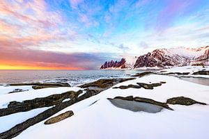 Sunset over the Okshornan mountain range at Senja island in Norway