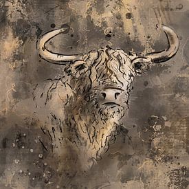 Chic artwork Scottish highlander in gold brown and taupe by Emiel de Lange