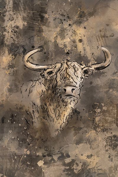 Chic artwork Scottish highlander in gold brown and taupe by Emiel de Lange