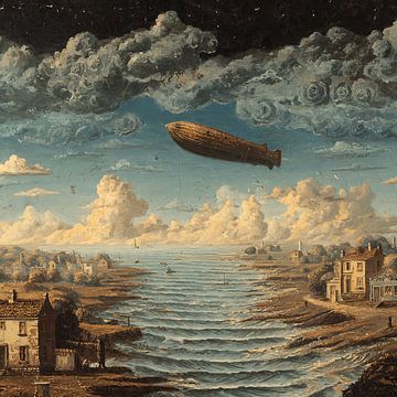 Zwevende bommen boven griezelig stadslandschap