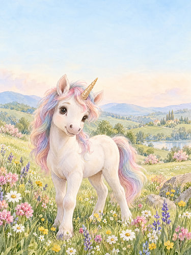 Eenhoornveulen op de bloemenweide – pastel