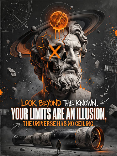Regardez au-delà de ce que vous connaissez. Vos limites ne sont qu'une illusion. Statue grecque cosmique. Design graphique.