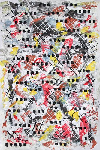 Les points de couleur sur les couleurs noir et blanc se mélangent avec les carrés noirs et blancs et