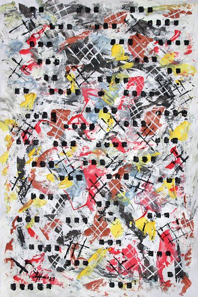 Farbige Tupfer mit schwarzen Quadraten und Verbindungslinien von elha-Art