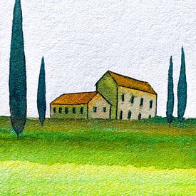 Toscane | Boerderij en Cipressen | 001 van WatercolorWall