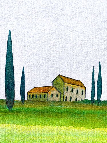 Toscane | Boerderij en Cipressen | 001 van WatercolorWall