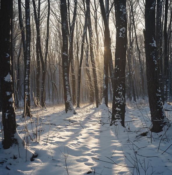 Magisch licht in het winterse bos van fernlichtsicht