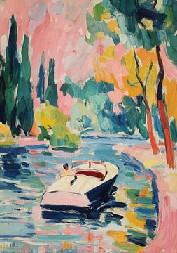 Bateau à moteur blanc sur un lac aux couleurs pastel