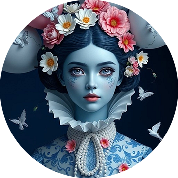een fine art portret delfts blauw modern meisje met vlinders.
