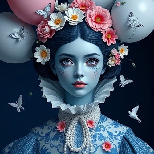 een fine art portret delfts blauw modern meisje met vlinders.