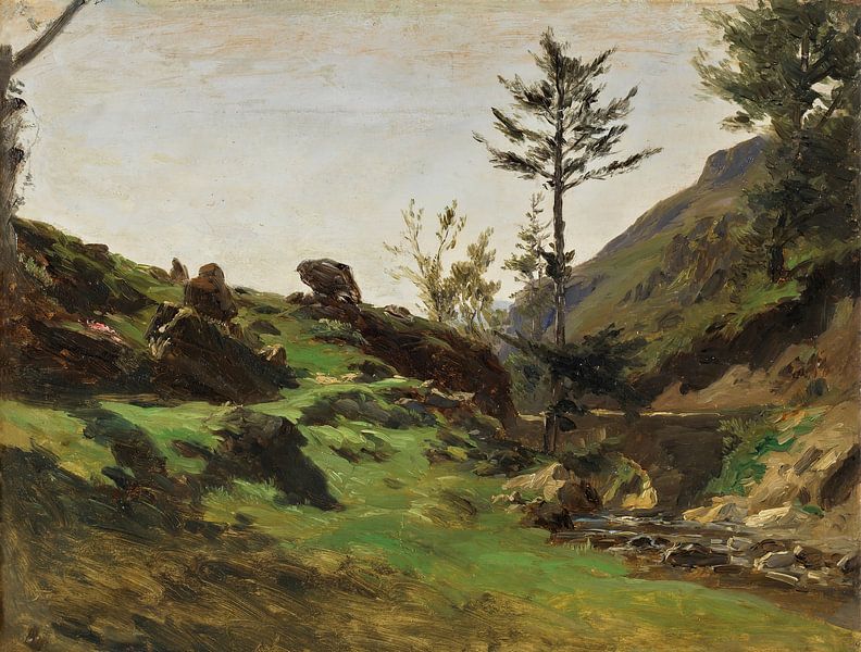 Carlos de Haes-Green Meadow Valley stream landscape, Antique landscape by finemasterpiece