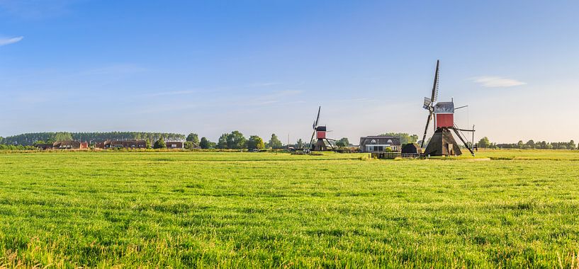 Panorama van weidelandschap met twee wipmolens bij Hoogmade van Henk van den Brink