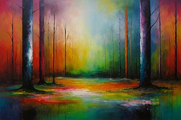 Danse des couleurs dans une forêt ensoleillée sur De Muurdecoratie