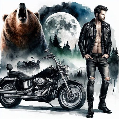 Homme avec moto et ours