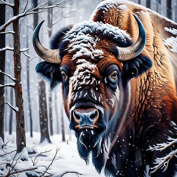 Wilde dieren - Portret van een bizon (1) van Johanna's Art