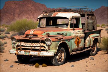 The dilapidated beauty of a rusty pick-up in the desert by Vlindertuin Art