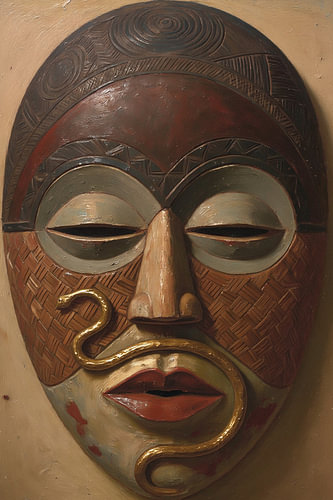 Afrikanisches Maskenbild – Traditionelle afrikanische Kunst mit goldener Schlange