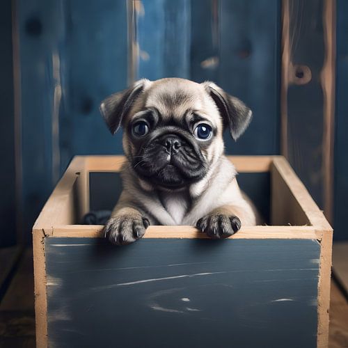 Chiot de race Mops dans une caisse en bois grise