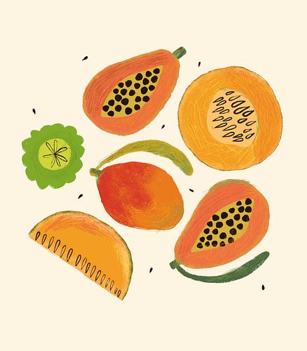 Sonniges tropisches Obst-Stillleben in warmen Sommertönen von Olga Markens