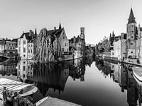 Rozenhoedkaai in Bruges in the evening - monochrome