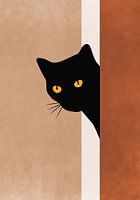 A curious black kitten looks around the corner, bohemian stance.