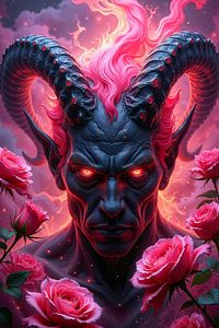 Dark Fantasy Wandbild: VELCARNYX – Ein Porträt des Teufels umgeben von Rosen