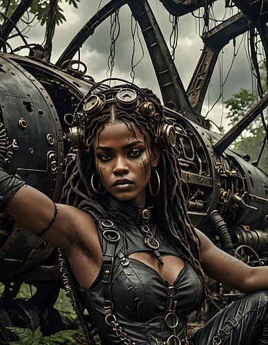 jonge vrouw met vliegtuigwrak in het jungledoek